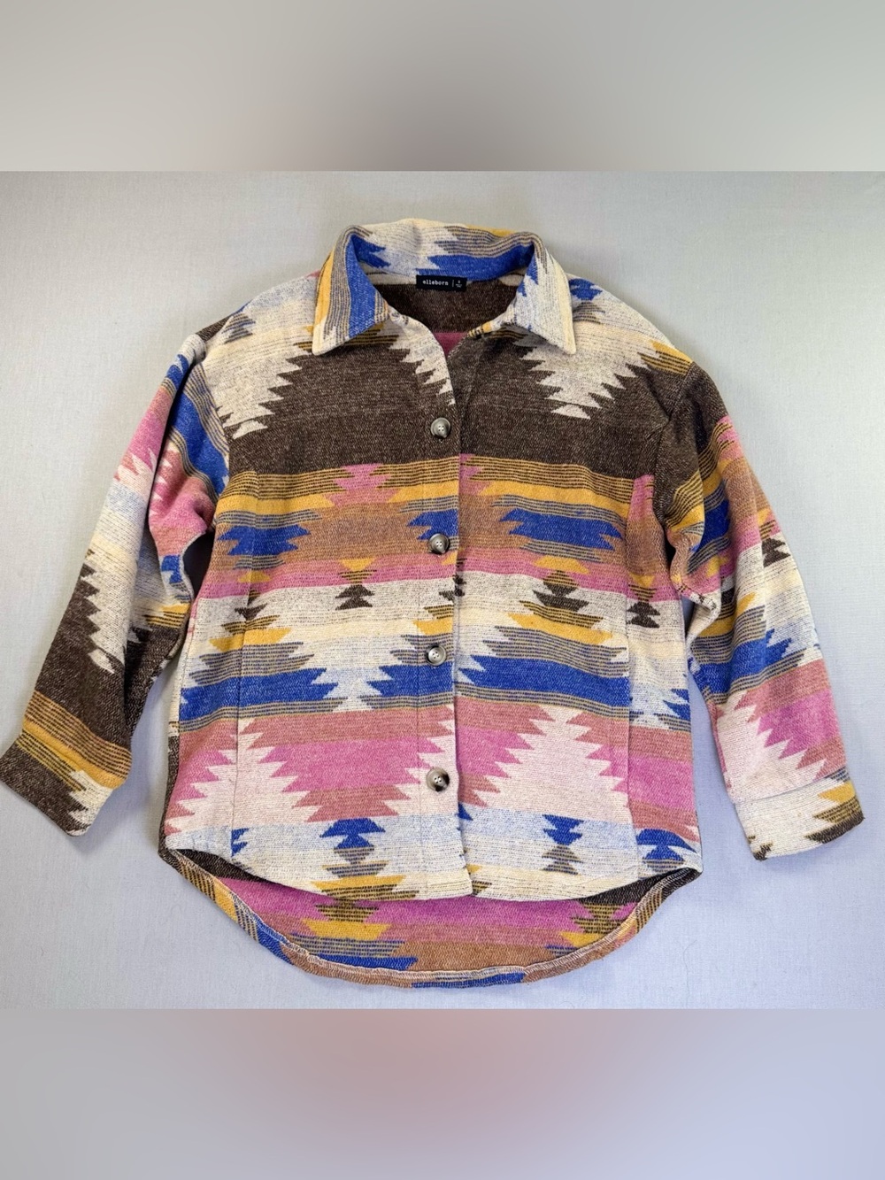 Elleborn Multicolor Aztec Button-Down Shacket in Pink, Blue & Brown Small